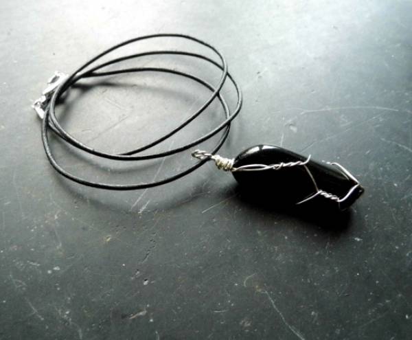 Kette, Lederband, Obsidian, Draht, gewickelt, Anhänger, Schmuck, schwarz